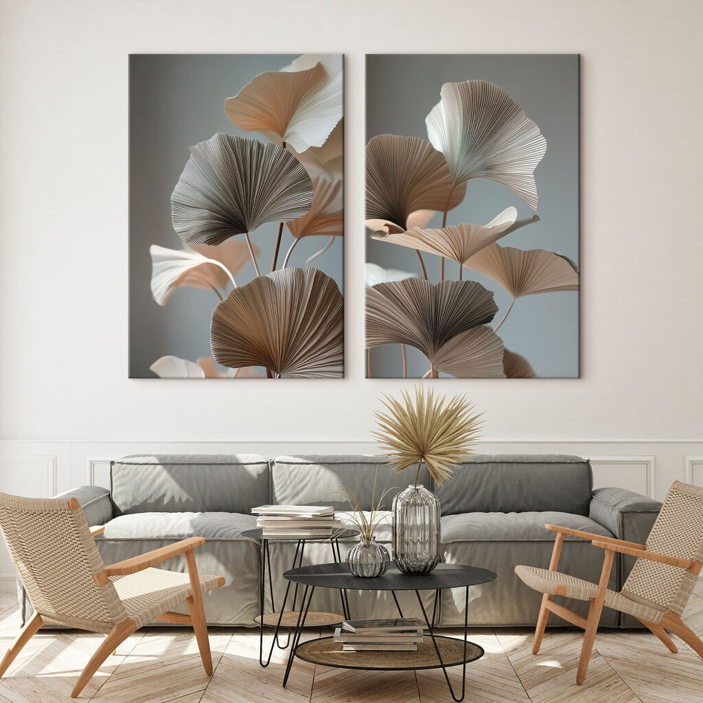 Éventails végétaux sur gris dans un intérieur