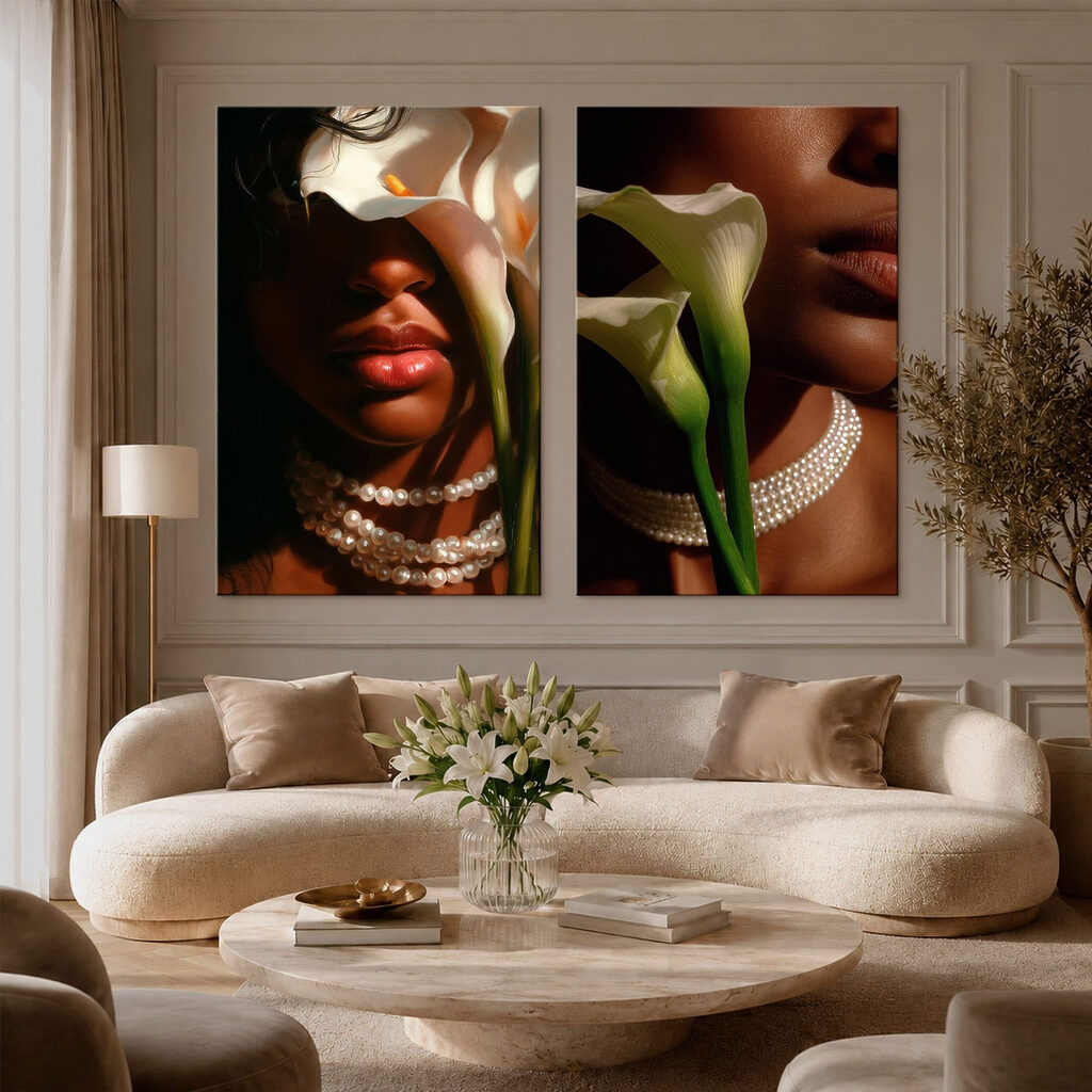 Fleurs et portraits sombres dans un intérieur