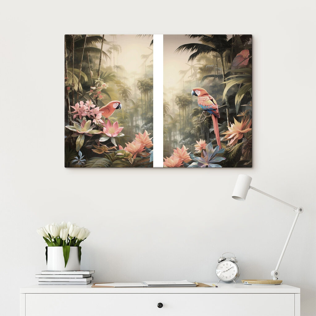 Perroquets et verdure tropicale dans un intérieur