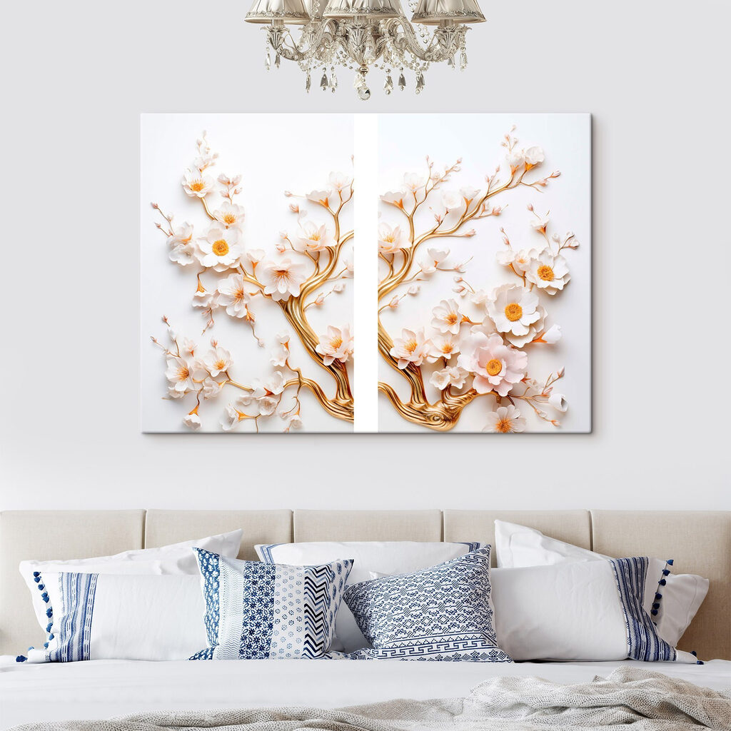 Fleurs sur rameaux dorés dans un intérieur