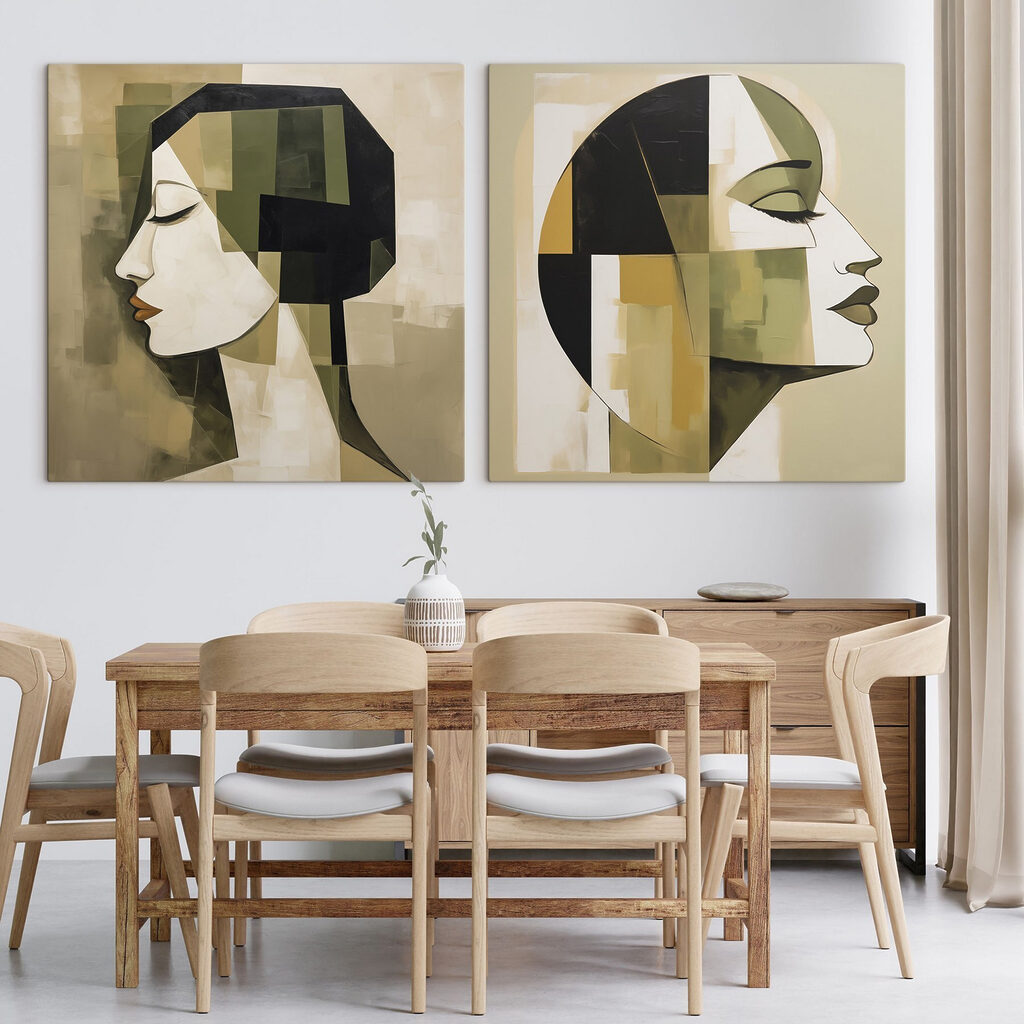 Profils en vert olive dans un intérieur