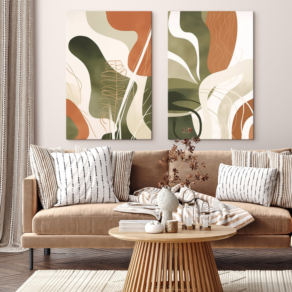 Feuilles et formes ondulantes dans un intérieur