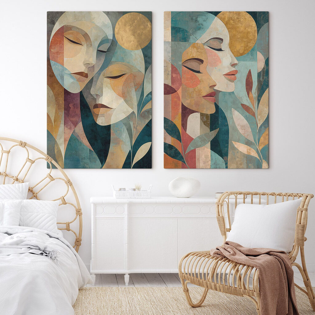 Visages parmi les feuilles dans un intérieur