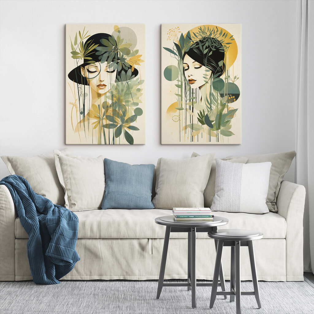 Visages entre branches vertes dans un intérieur