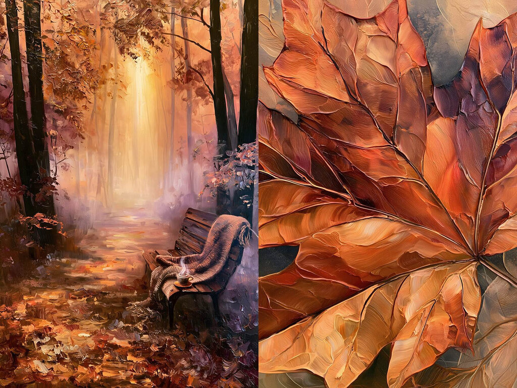Banc et feuille d’automne — motif complet