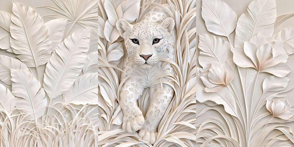 Félin blanc et feuillage — motif complet