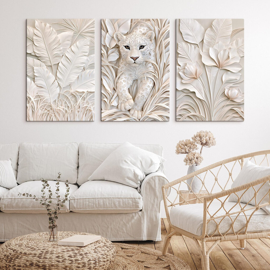 Félin blanc et feuillage — intérieur 2