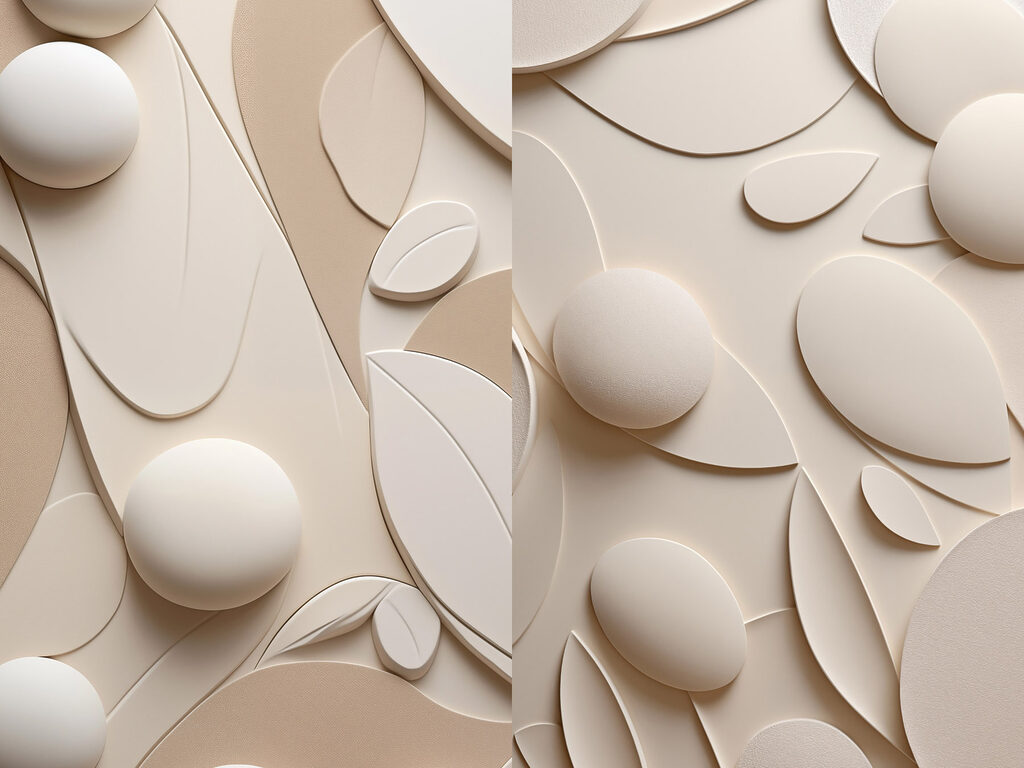 Sphères et feuilles courbes — motif complet