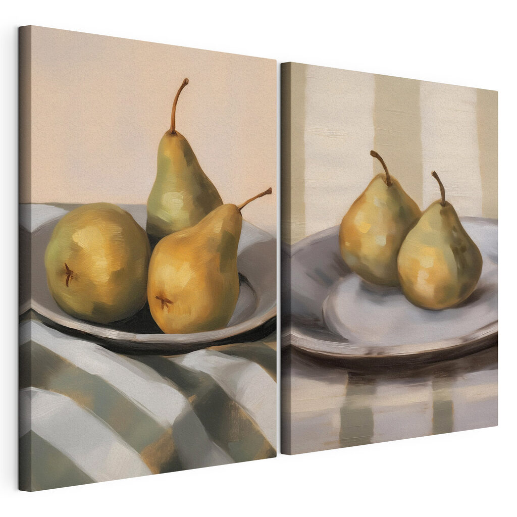Poires sur une assiette, toile tendue et bord enveloppé