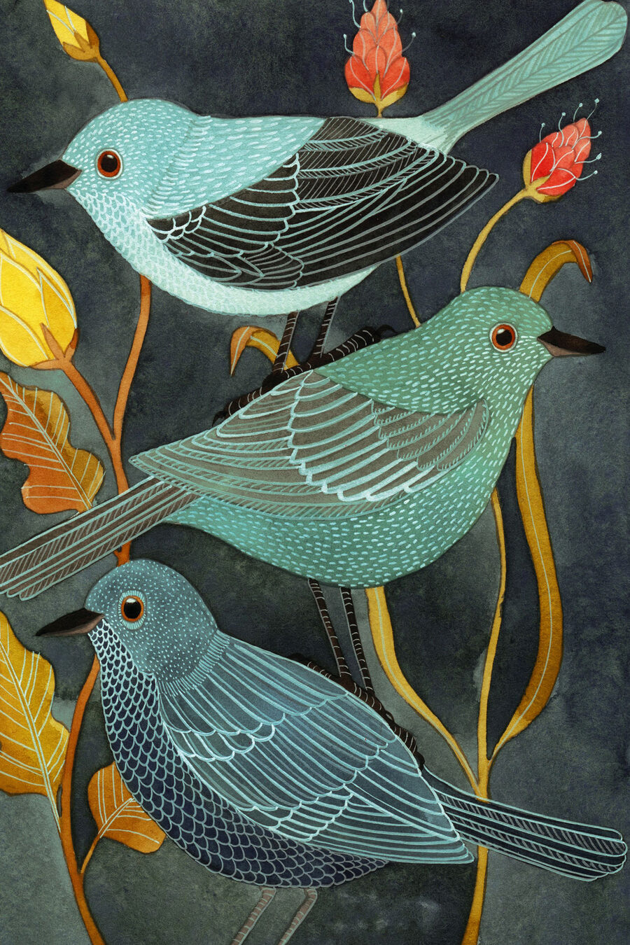 Oiseaux aux plumages ludiques — motif complet