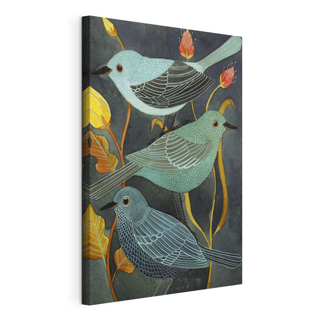 Oiseaux aux plumages ludiques, toile tendue et bord enveloppé