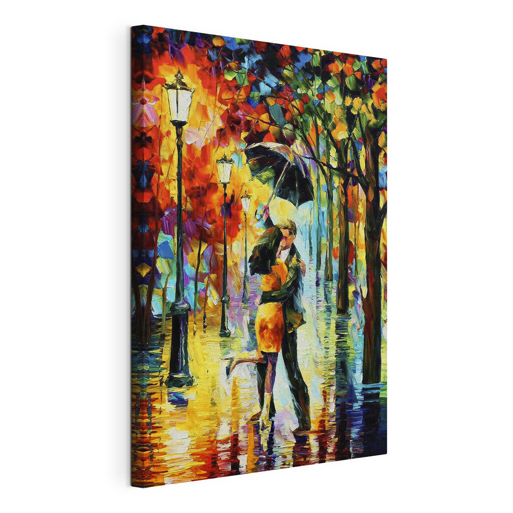 Baiser sous la pluie, toile tendue et bord enveloppé