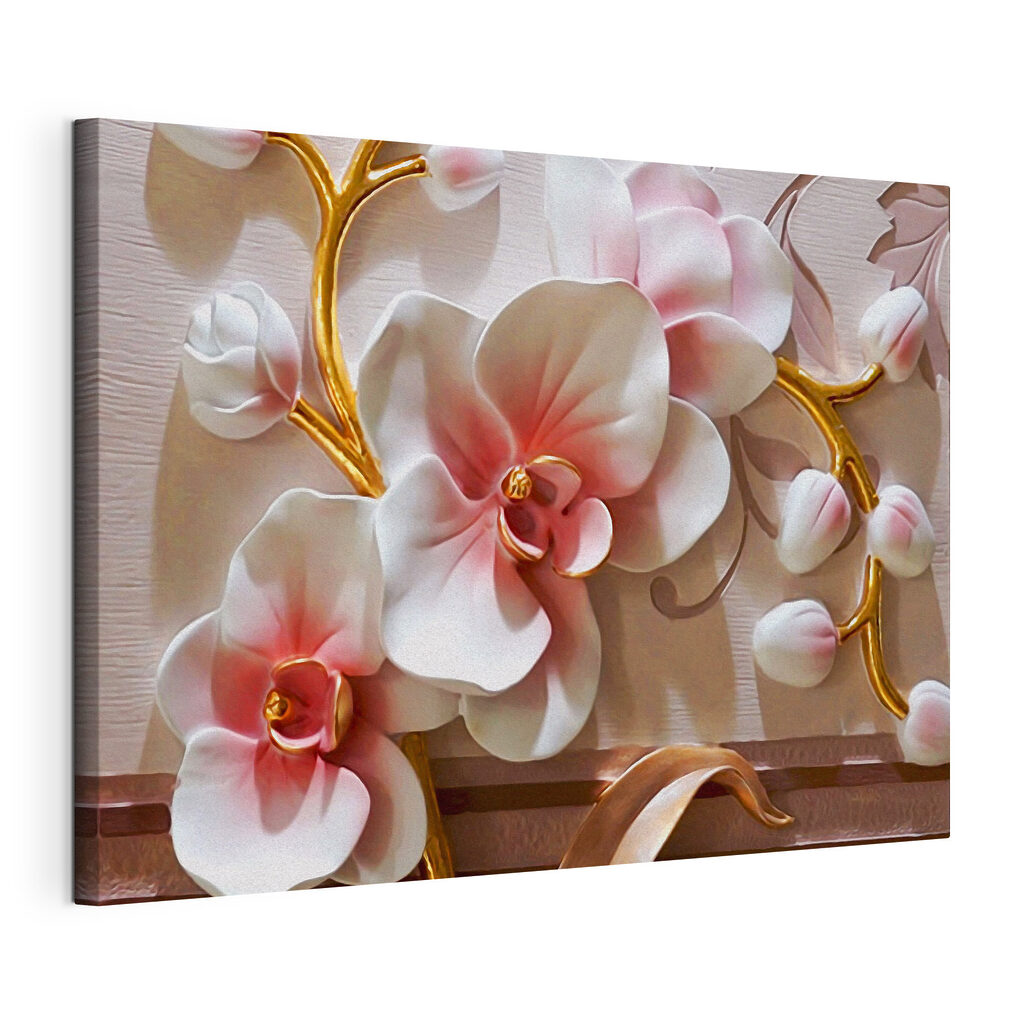 Orchidées en lumière rose, toile tendue et bord enveloppé
