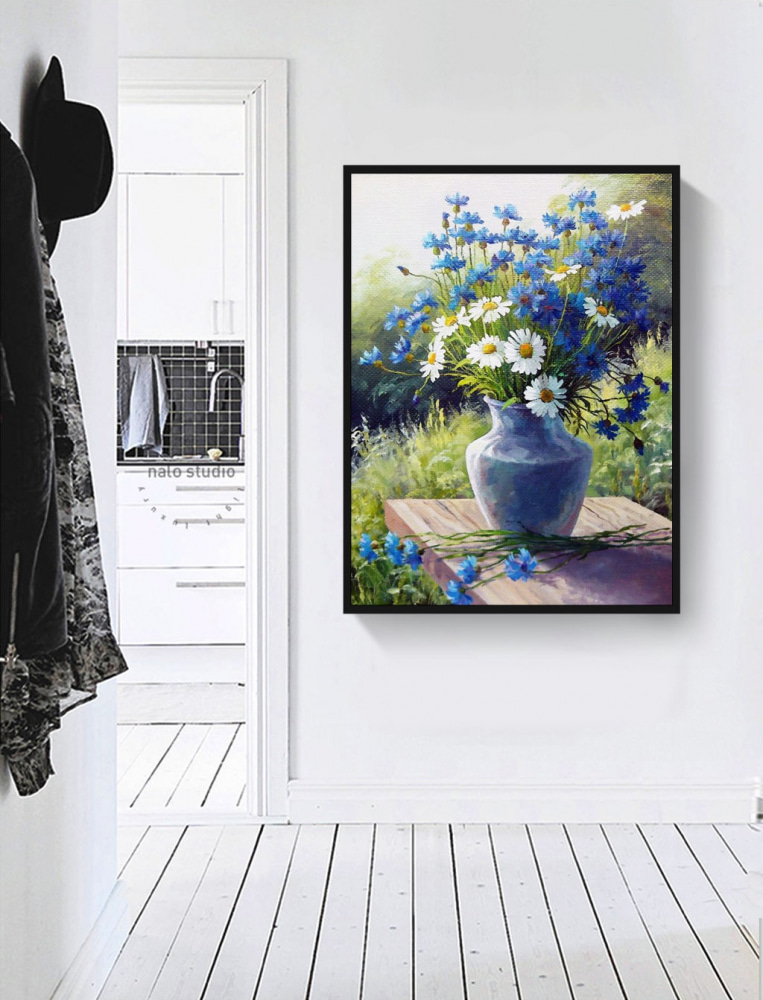 Bouquet bleu au jardin — intérieur 1