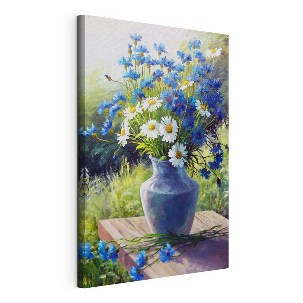 Bouquet bleu au jardin, toile tendue et bord enveloppé