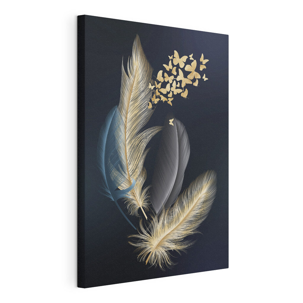 Plumes et petits papillons, toile tendue et bord enveloppé