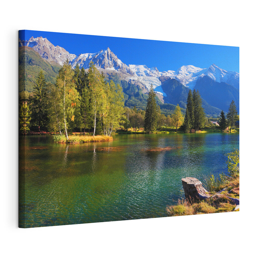 Lac aux sommets enneigés, toile tendue et bord enveloppé