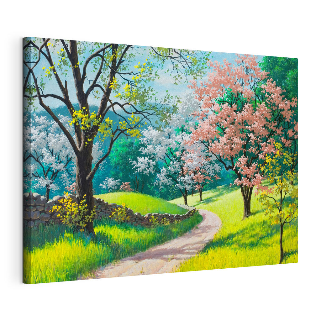 Chemin en fleurs, toile tendue et bord enveloppé