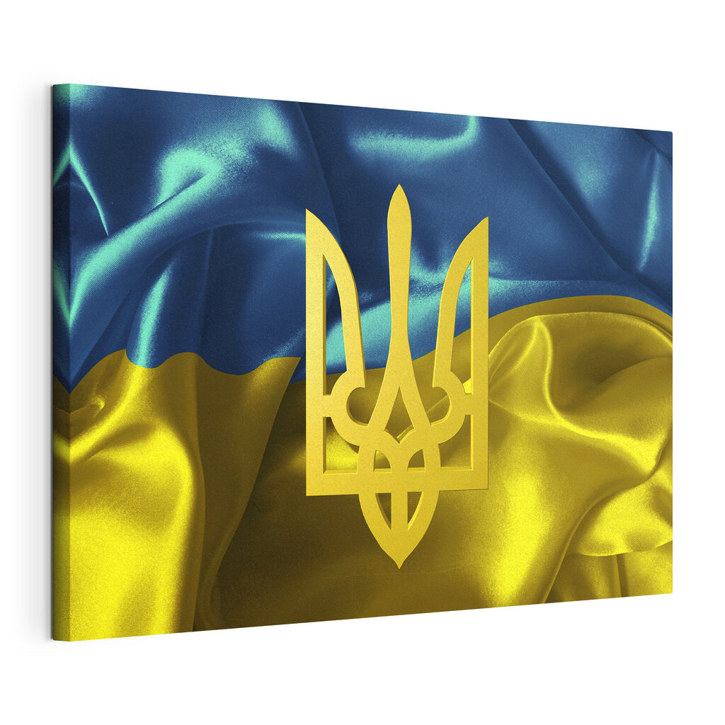 Drapeau ukrainien au trident, toile tendue et bord enveloppé