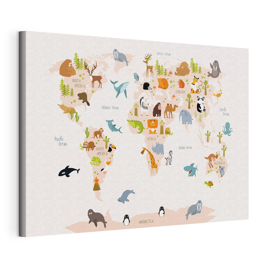 Carte du monde aquarellée, toile tendue et bord enveloppé