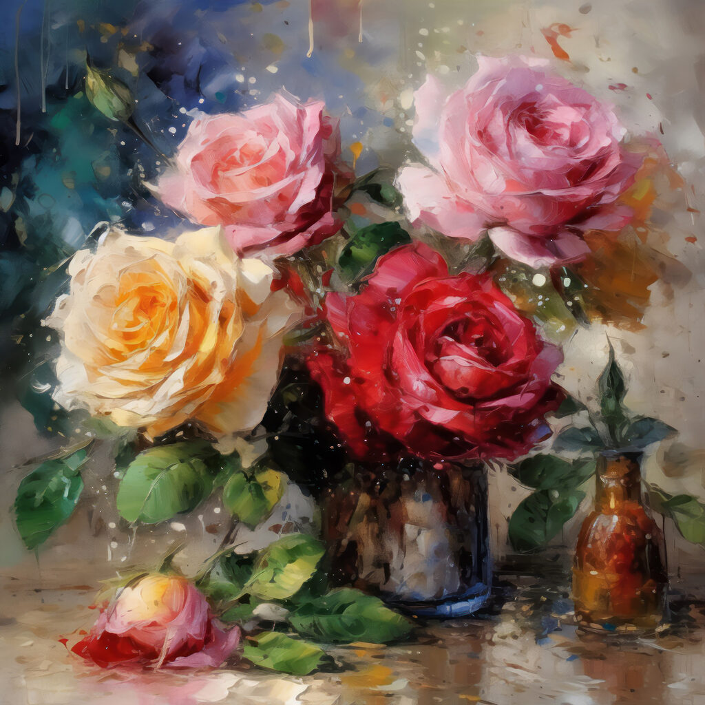 Roses en vase métallique — motif complet