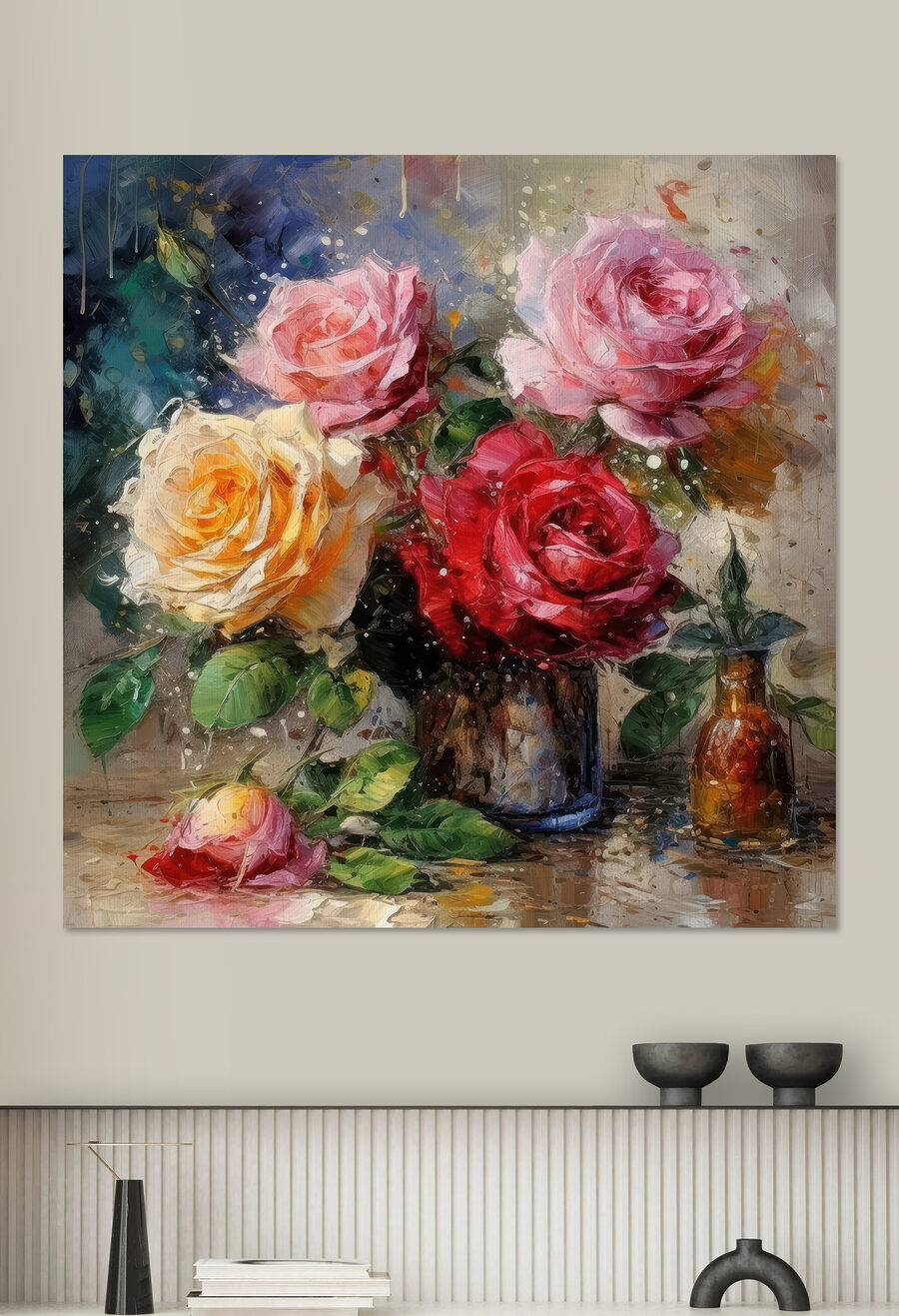 Roses en vase métallique — intérieur 1