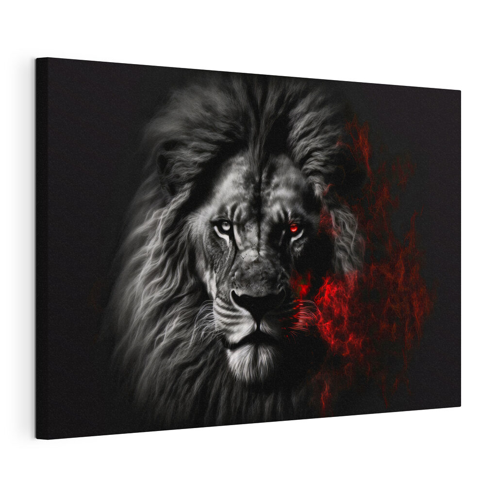 Lion aux reflets rouges, toile tendue et bord enveloppé