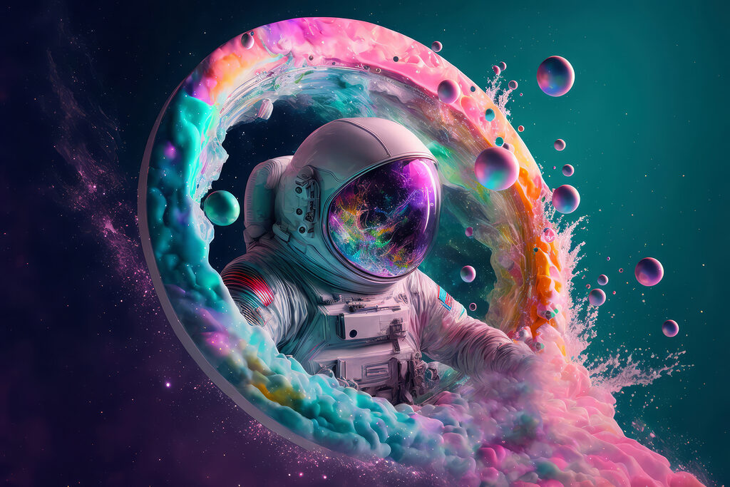 Astronaute en brume colorée — motif complet