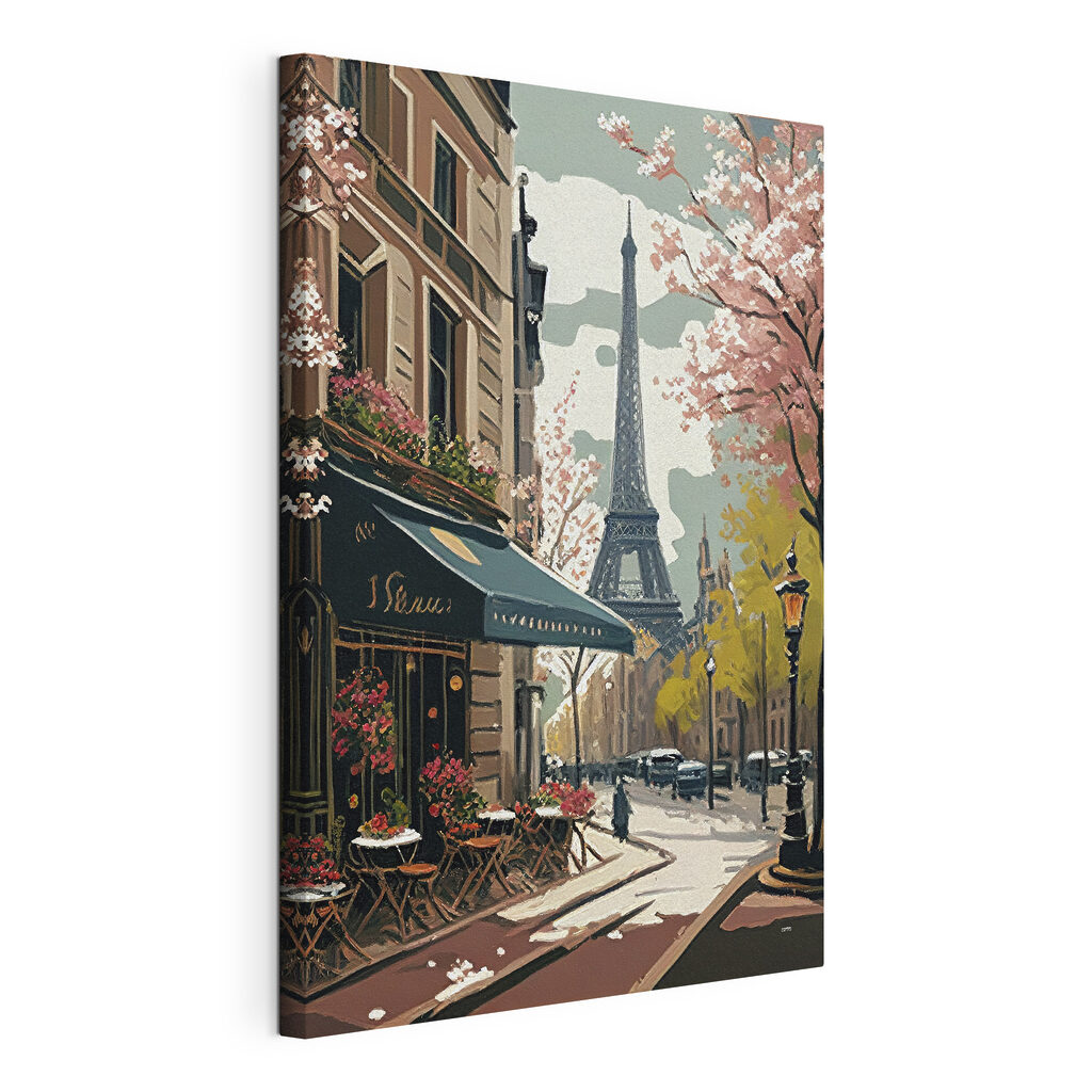 Paris aux fleurs roses, toile tendue et bord enveloppé