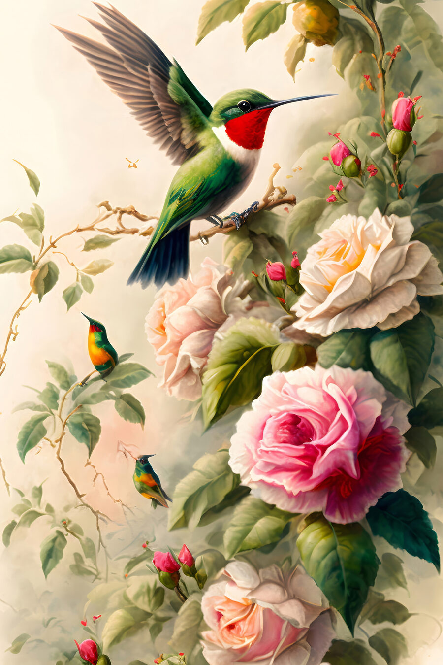 Colibri parmi les roses — motif complet