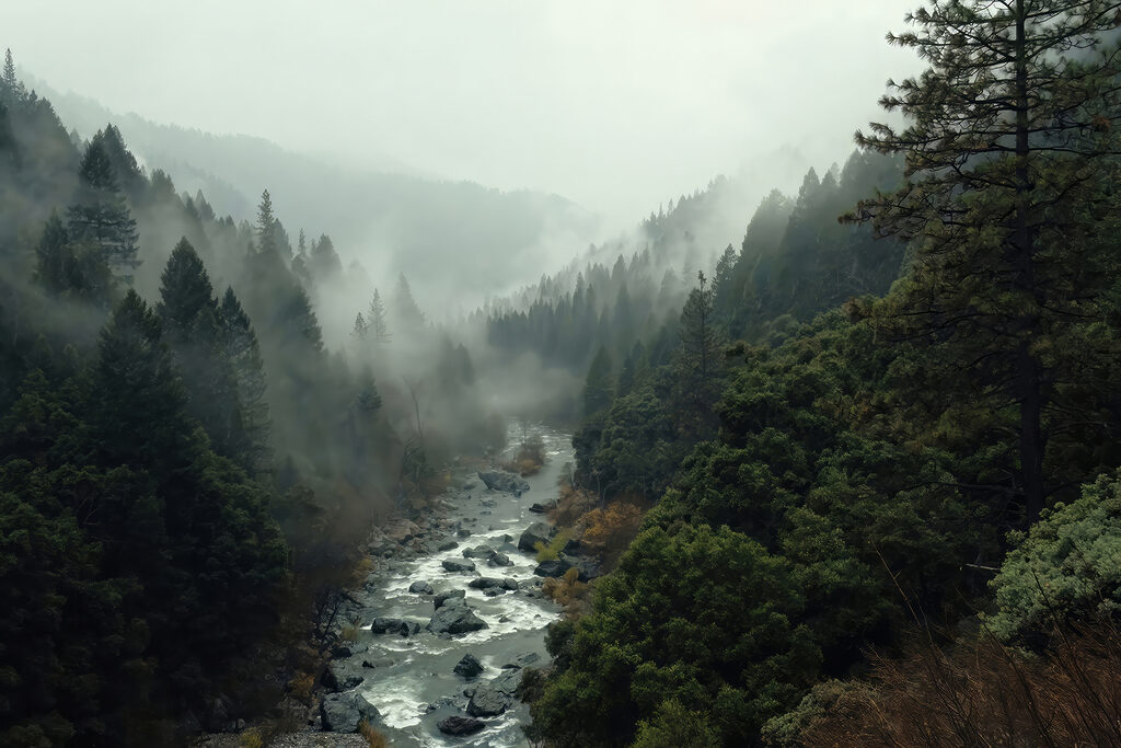 Rivière entre collines boisées — motif complet
