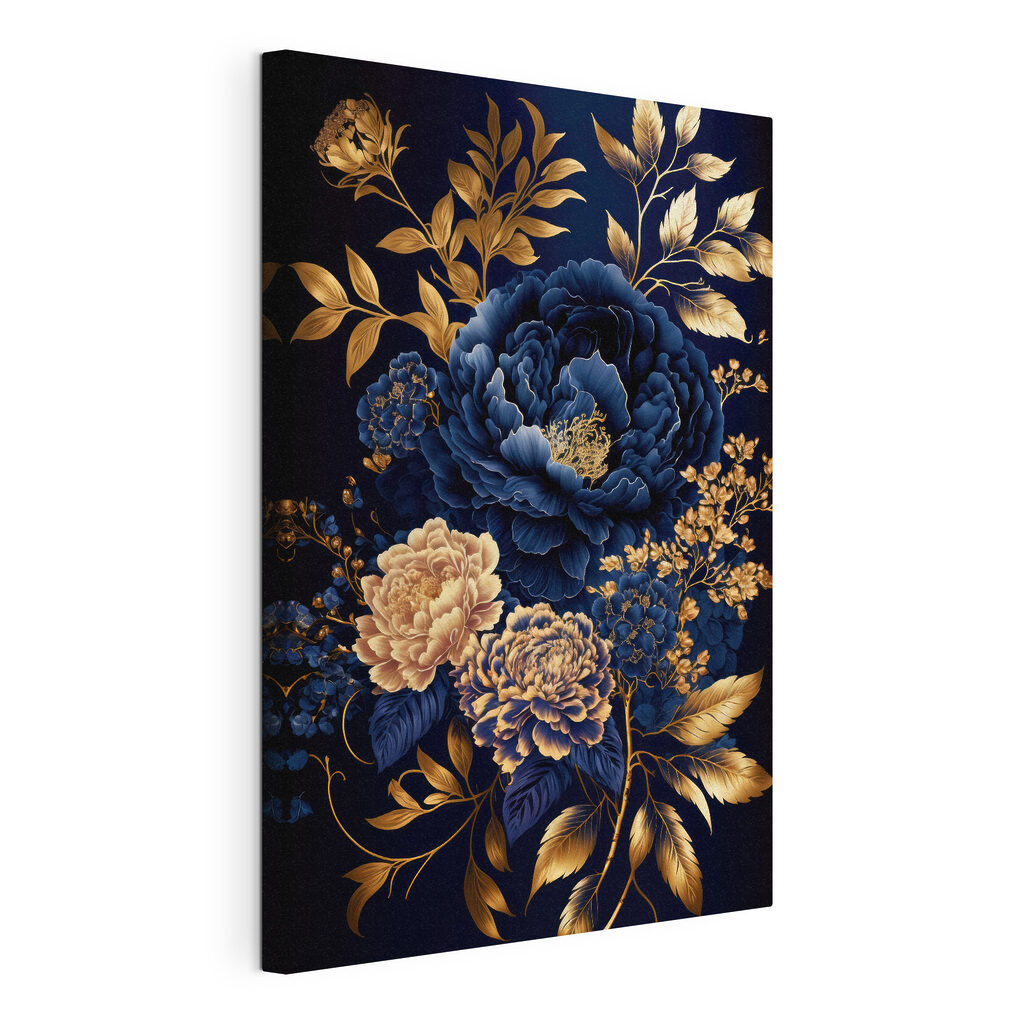 Fleurs bleu roi, toile tendue et bord enveloppé