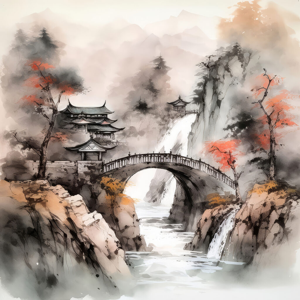 Pont entre rochers brumeux — motif complet