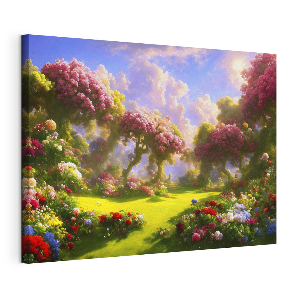 Prairie bordée de fleurs, toile tendue et bord enveloppé
