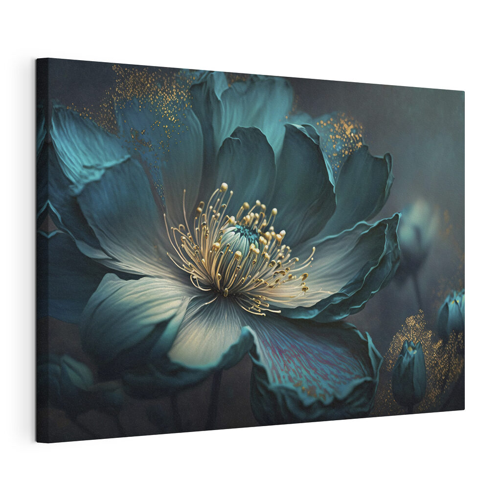 Cœur de fleur turquoise, toile tendue et bord enveloppé