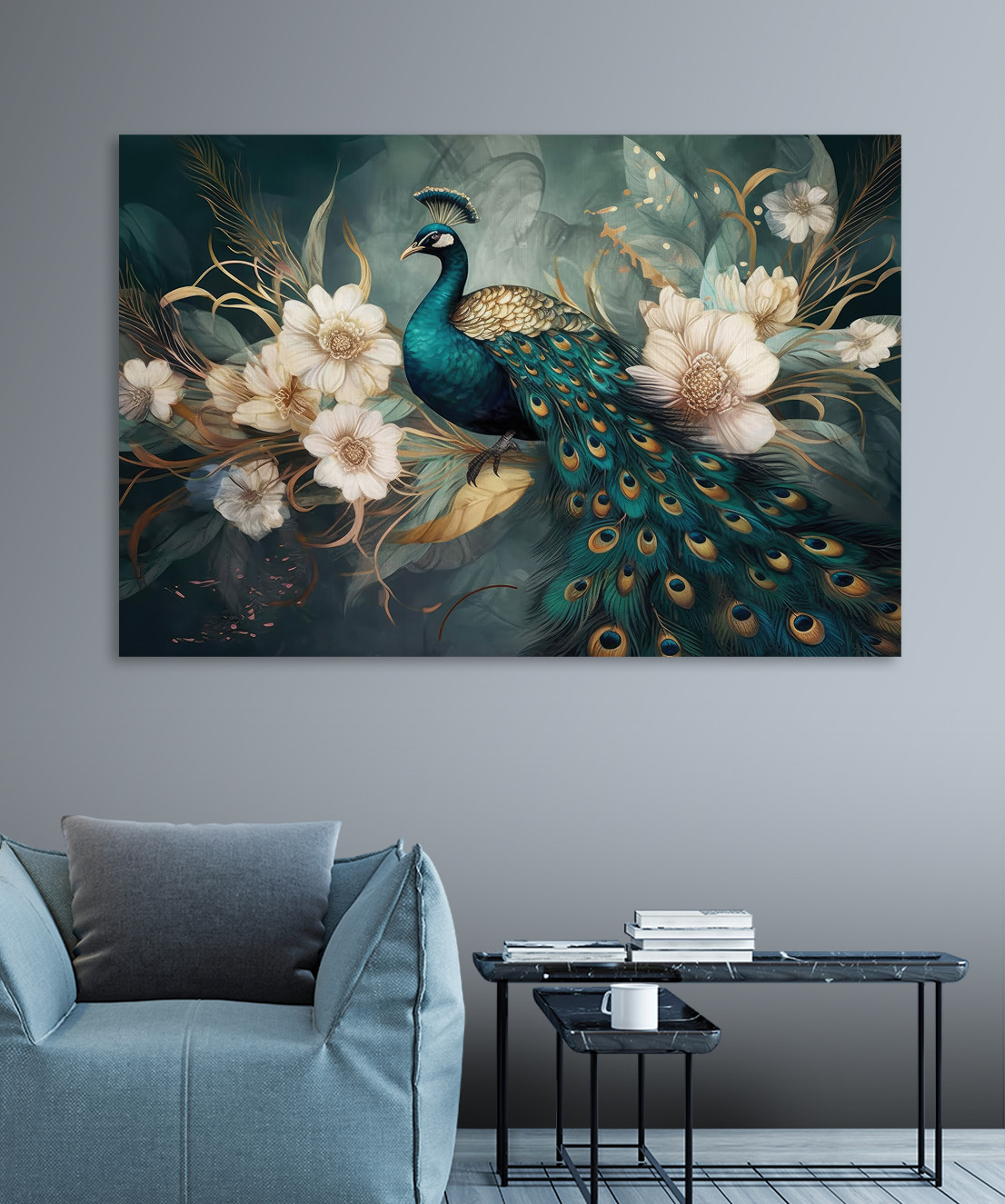 Paon et fleurs blanches — intérieur 1