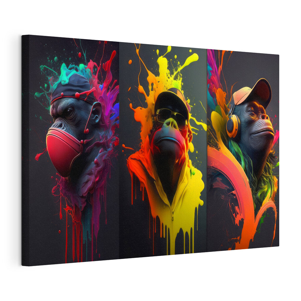 Singes éclaboussés de couleur, toile tendue et bord enveloppé