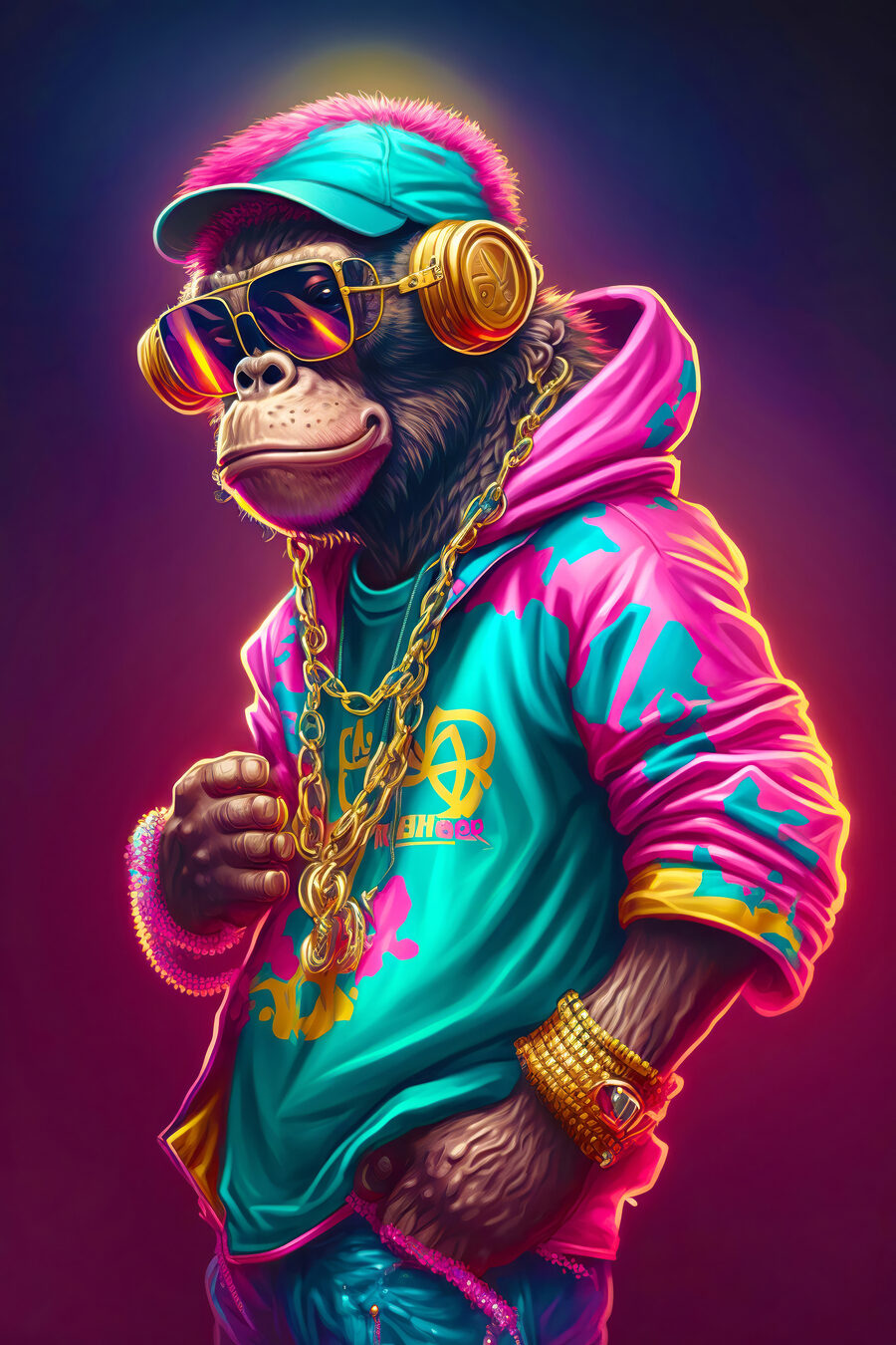 Singe en sweat néon — motif complet