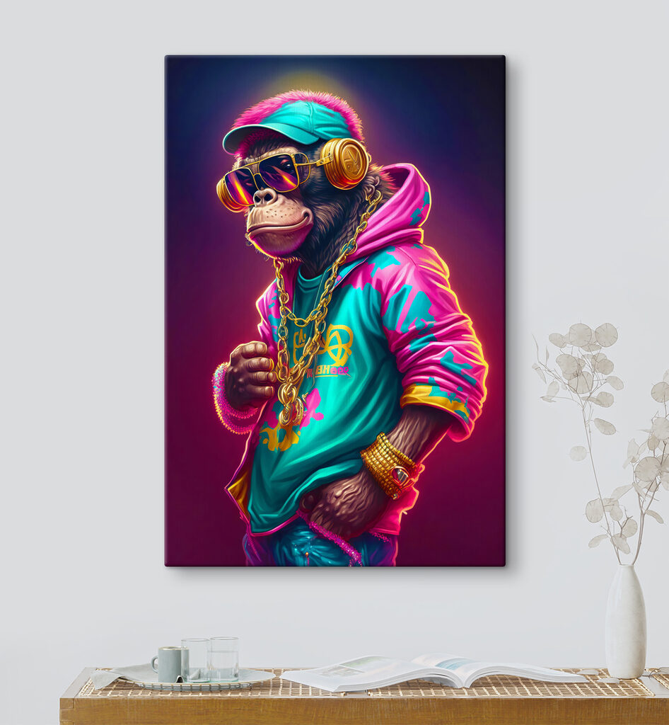Singe en sweat néon — intérieur 5