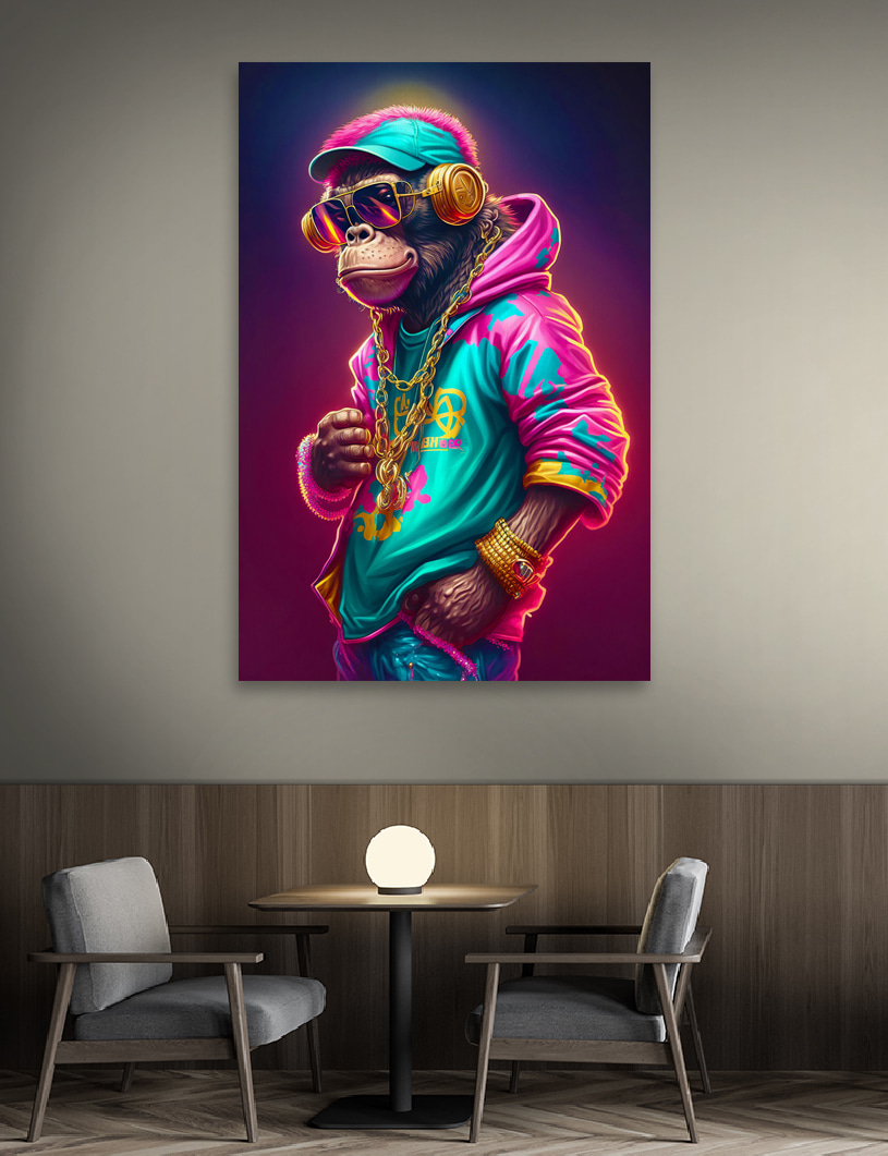 Singe en sweat néon — intérieur 1