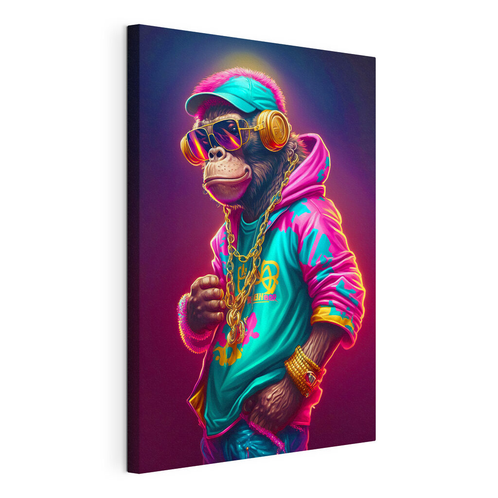 Singe en sweat néon, toile tendue et bord enveloppé