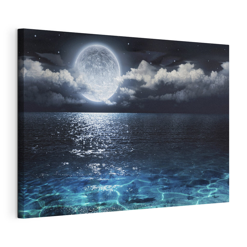 Lune sur l’eau scintillante, toile tendue et bord enveloppé