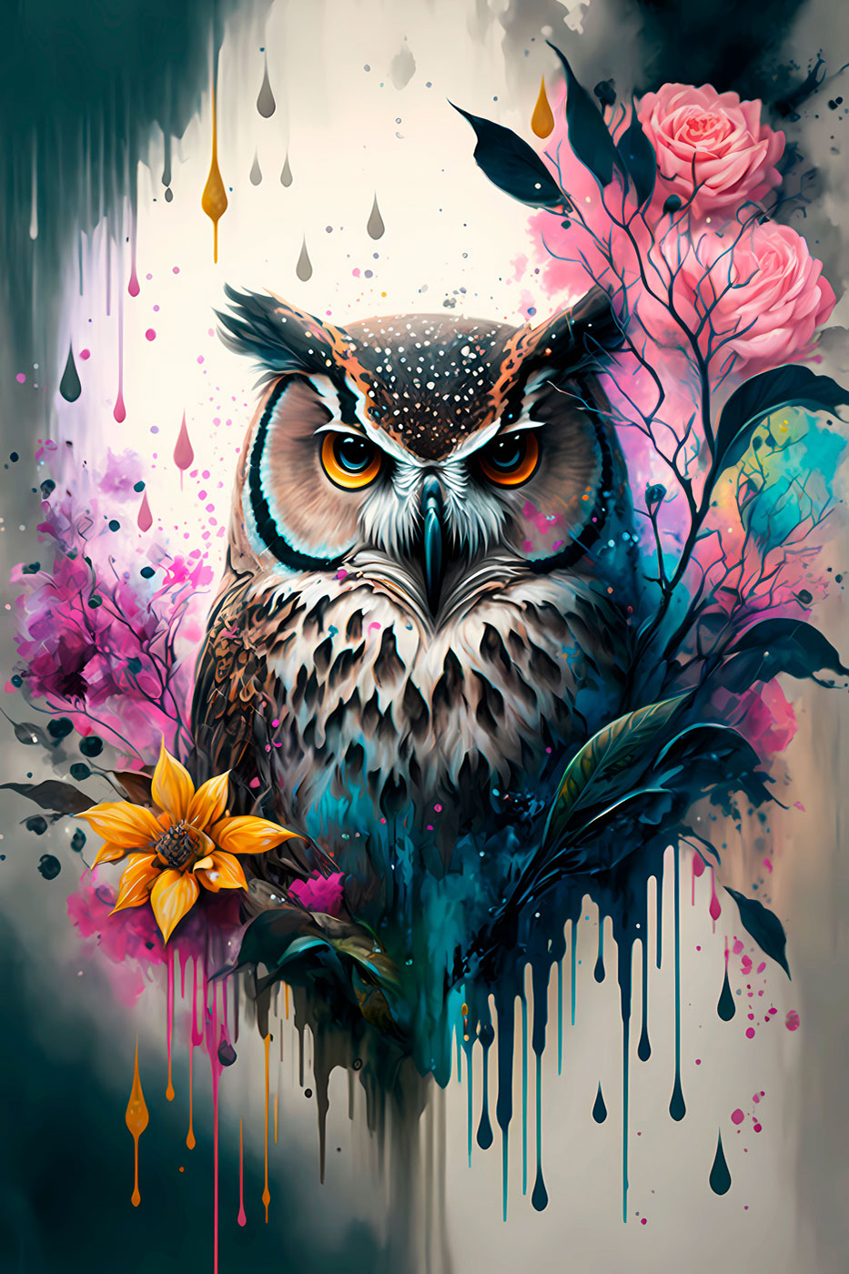 Hibou et roses peintes — motif complet
