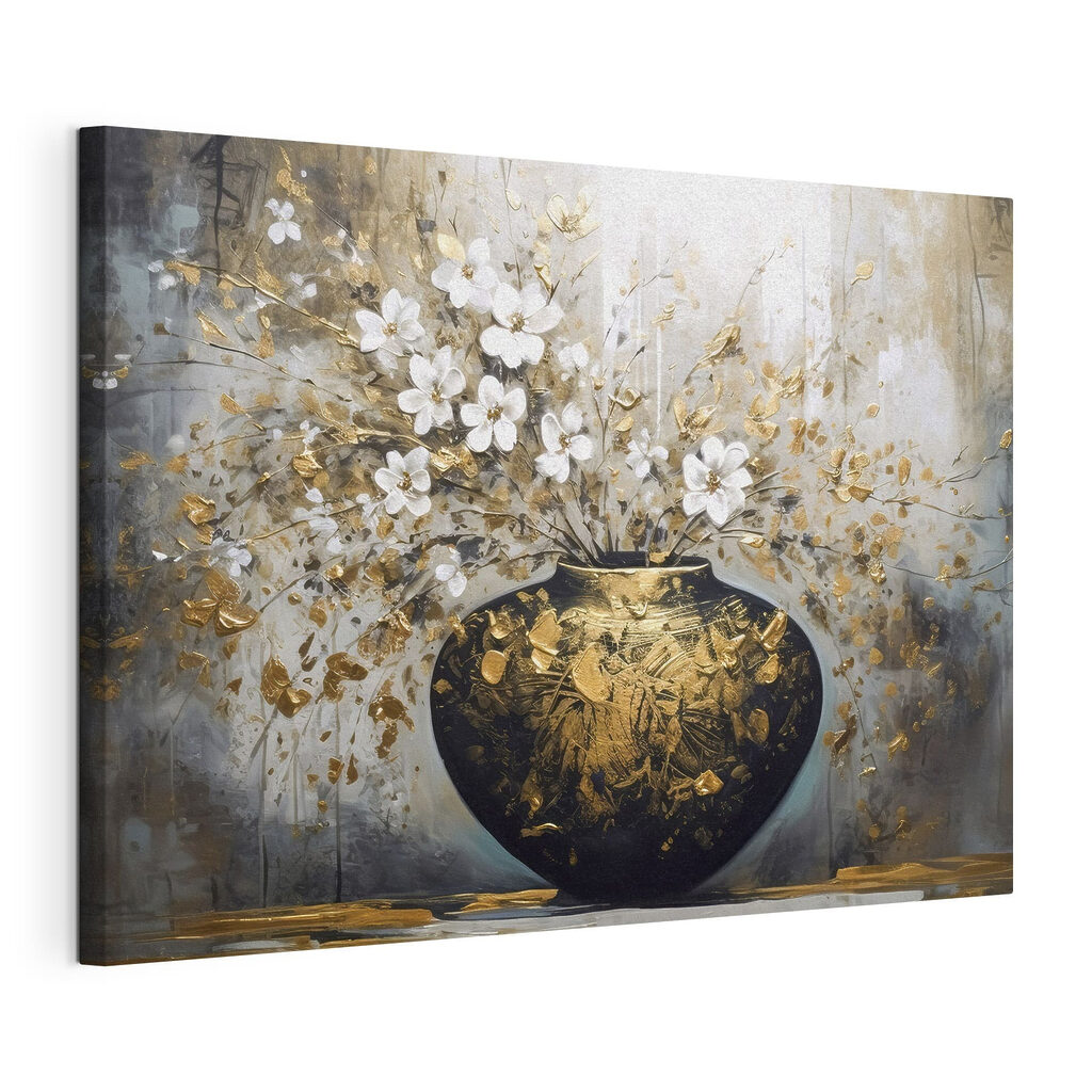 Vase en fleurs, toile tendue et bord enveloppé