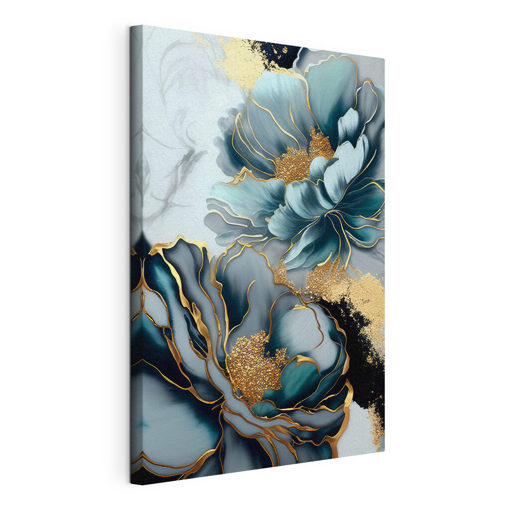 Fleurs bleues, contours dorés, toile tendue et bord enveloppé