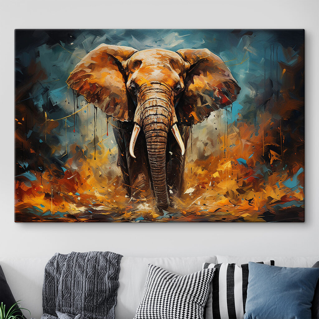 Éléphant aux touches orange dans un intérieur