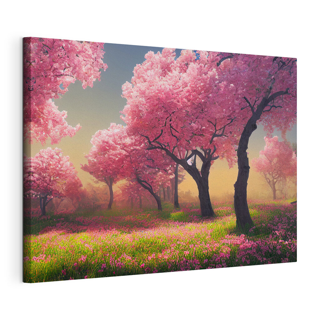 Sous les arbres roses, toile tendue et bord enveloppé