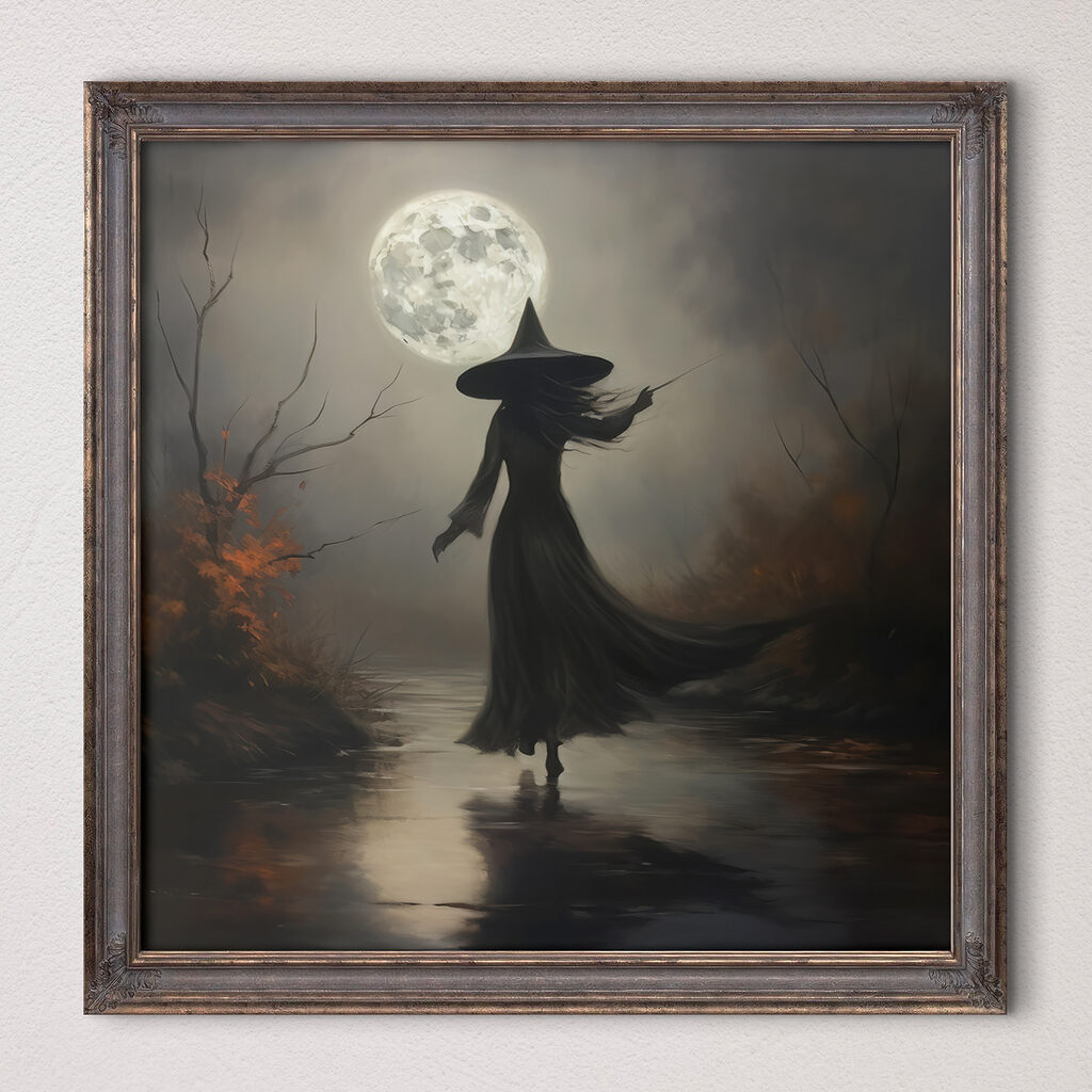 Sorcière sous la lune dans un intérieur