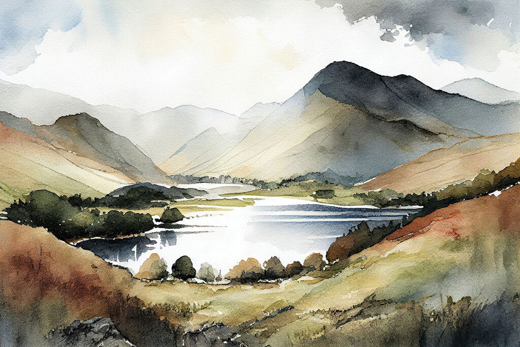 Lac d’altitude à l’aquarelle — motif complet