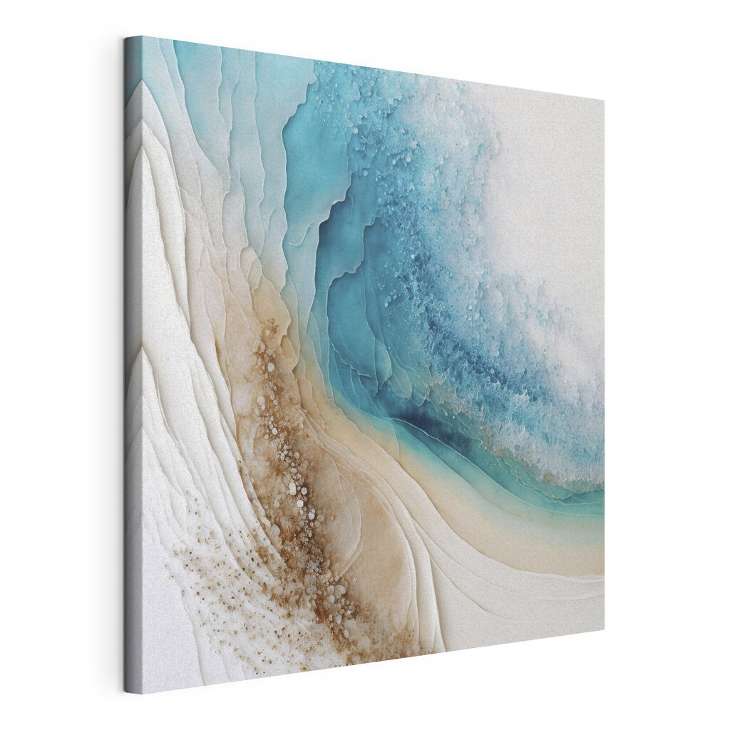 Turquoise en douces strates, toile tendue et bord enveloppé